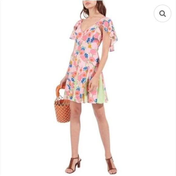 New with Tags Staud Chiquita Peach Pink Pleated Floral Fit and Flare Dress SZ 8 - Picture 2 of 13